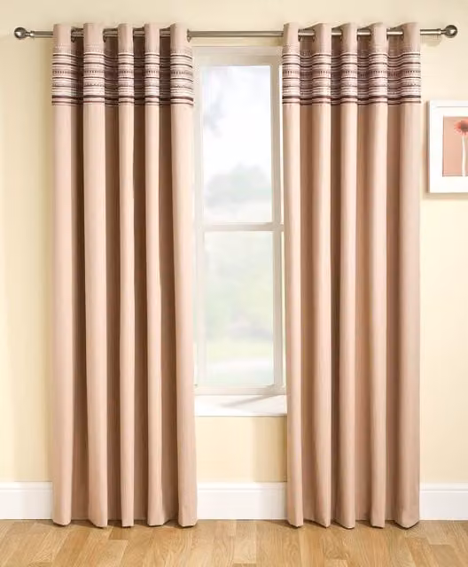 Terrys Siesta Blockout Ready Made Eyelet Curtains in Beige and Brown Thermal Insulating Fabric