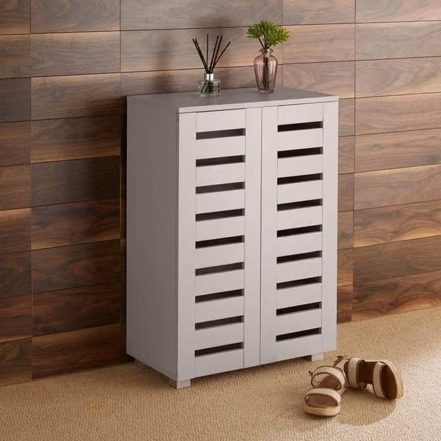 Home Source 2 Door Grey Shoe Storage Cabinet with Hinged Doors and Internal Shelves