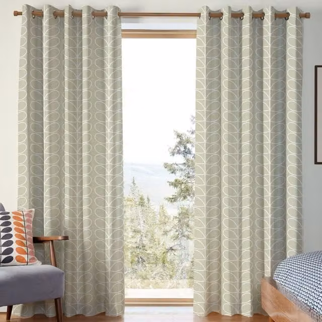 Orla Kiely Jumbo Linear Stem Made to Measure Blackout Cotton Eyelet Curtain in Pebble Beige and Green
