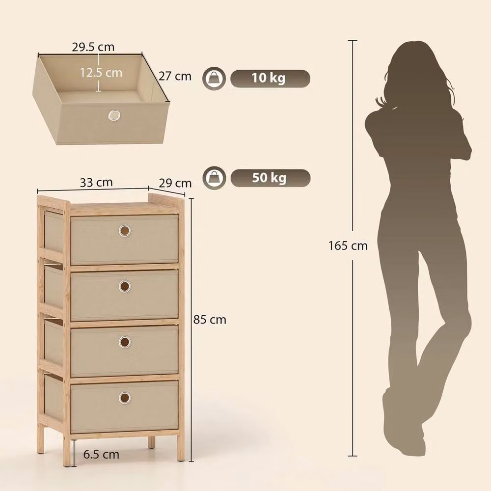 EONLION 4 Drawer Dresser with Bamboo Frame in Beige, Width: 100 cm – 2