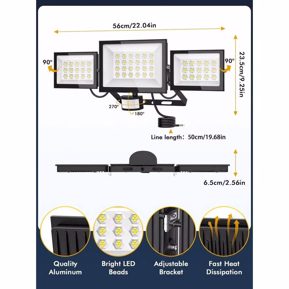 KORVIXA 200W 3 Head LED Security Floodlight with PIR Motion Sensor and Remote Control, Black – 2