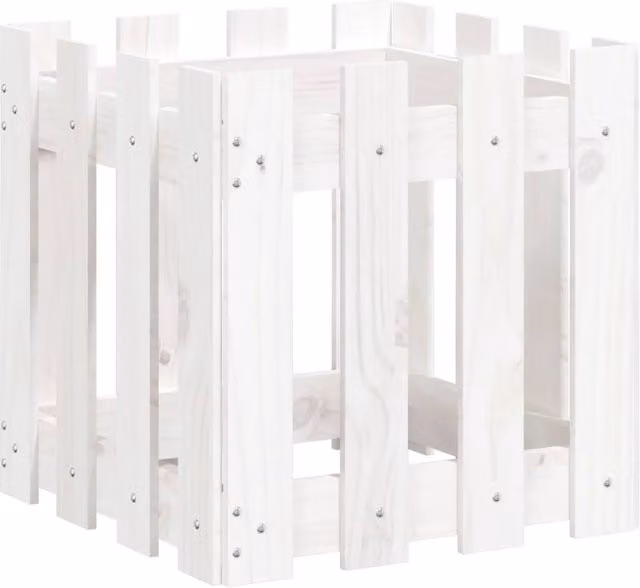 Berkfield Home Garden Planter with Fence Design in White, Solid Wood and Plastic, W/D/H: 40 x 40 x 40 cm
