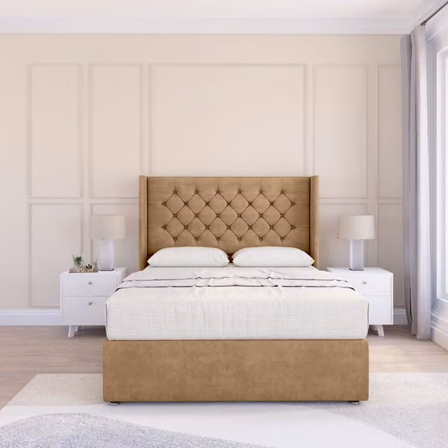 Sloomy Dior Dumfries Wingback Bed Set with 54 inch Floor Standing Headboard in Light Beige, Single, W/D/H: 90 x 200 cm