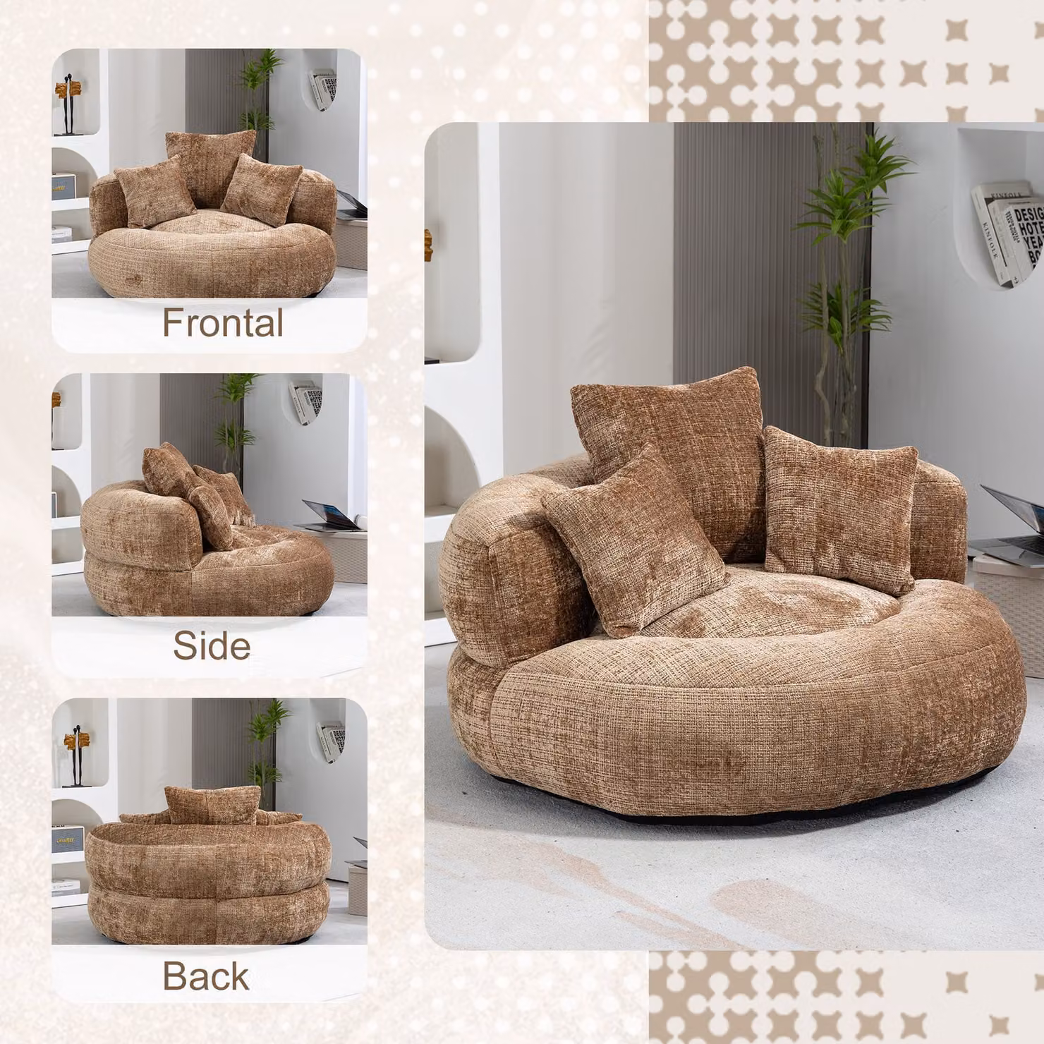 Aosom UK Modern High Back Bean Bag Chair with 3 Built-in Cushions, Shredded Memory Foam and Chenille Fabric, Brown, W: 108 cm, D: 108 cm, H: 52 cm – 3