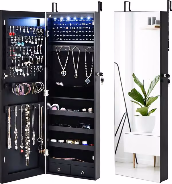 COSTWAY Modern Black Jewelry Storage Cabinet with Mirror and LED Lighting