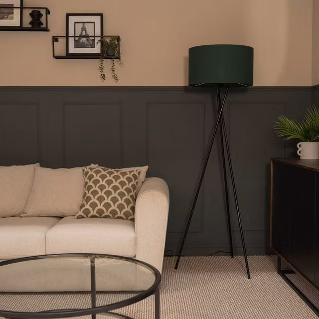 ValueLights Camden Tripod Floor Lamp with Green Fabric Drum Shade