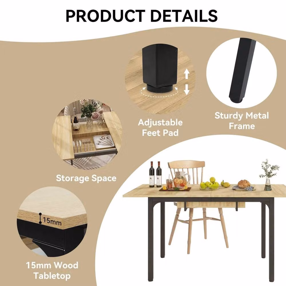 EONLION Brown Extendable Wooden Dining Table with Butterfly Leaf, W/D/H: 100 x 100 x 75 cm – 2