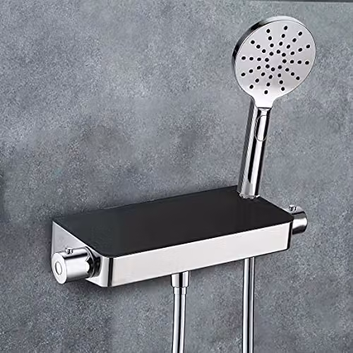 Nes Home Bulby Thermostatic Shower Mixer with Black Glass Top in Chrome and Silver
