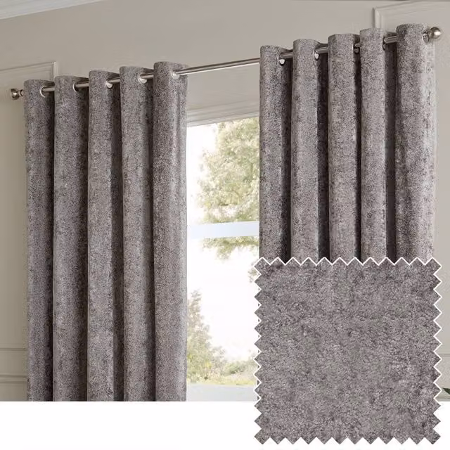 Paoletti Lustre Velvet Eyelet Curtain Pair in Grey, Width: 168 cm, Drop: 137 cm