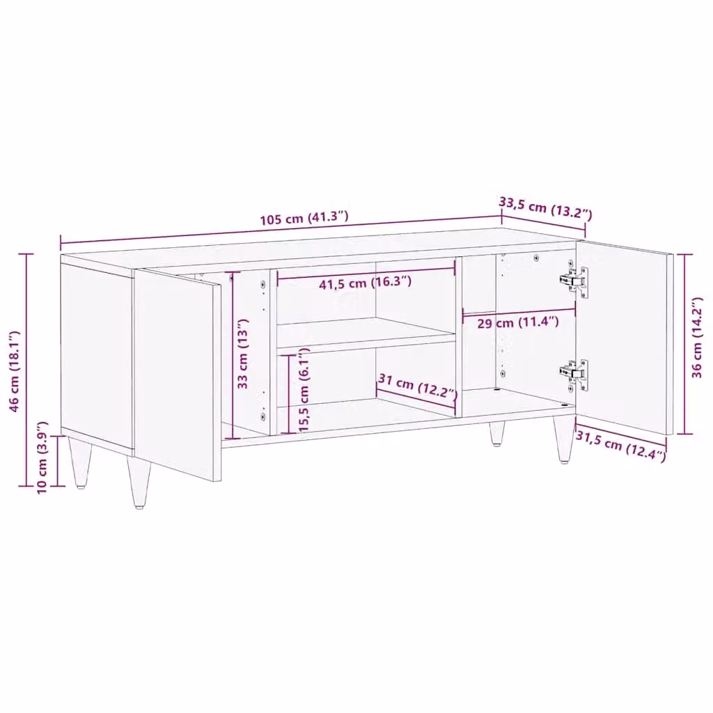 Berkfield Home Mid Century Mango Wood TV Cabinet in Light Grey, W: 105 cm, D: 33.5 cm, H: 46 cm – 5