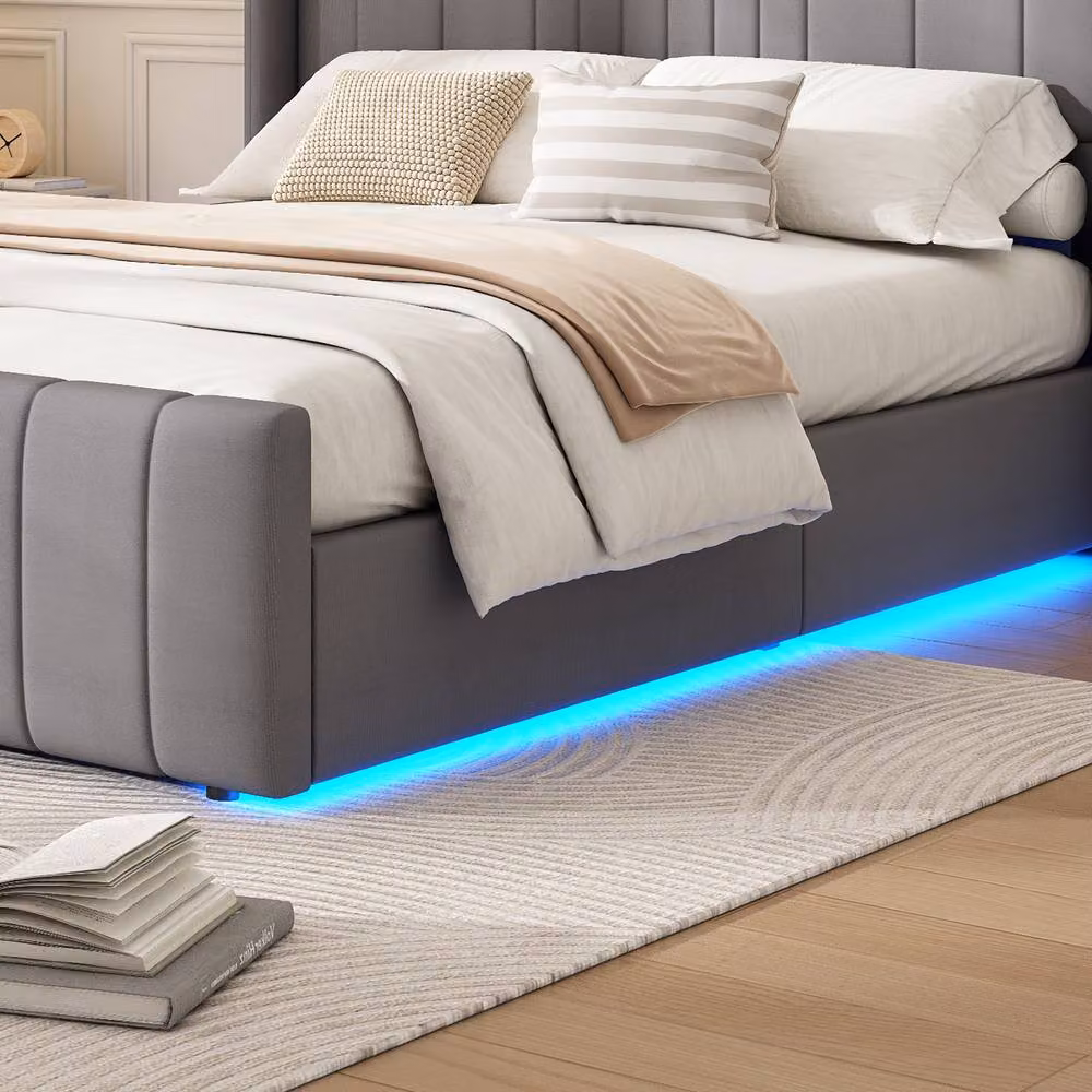 Matteo Grey Velvet Upholstered Ottoman Double Bed with LED Under-Bed Lighting and Lift-Up Storage W: 140 cm, D: 190 cm, H: 135 cm – 2