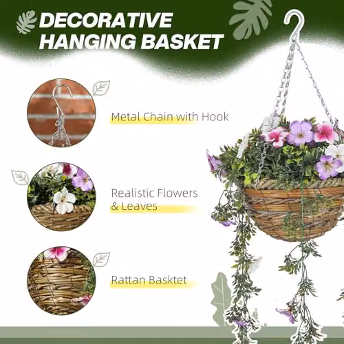 HOMCOM Set of 2 Artificial Hanging Baskets with Pink and White Silk Azalea Flowers – 2