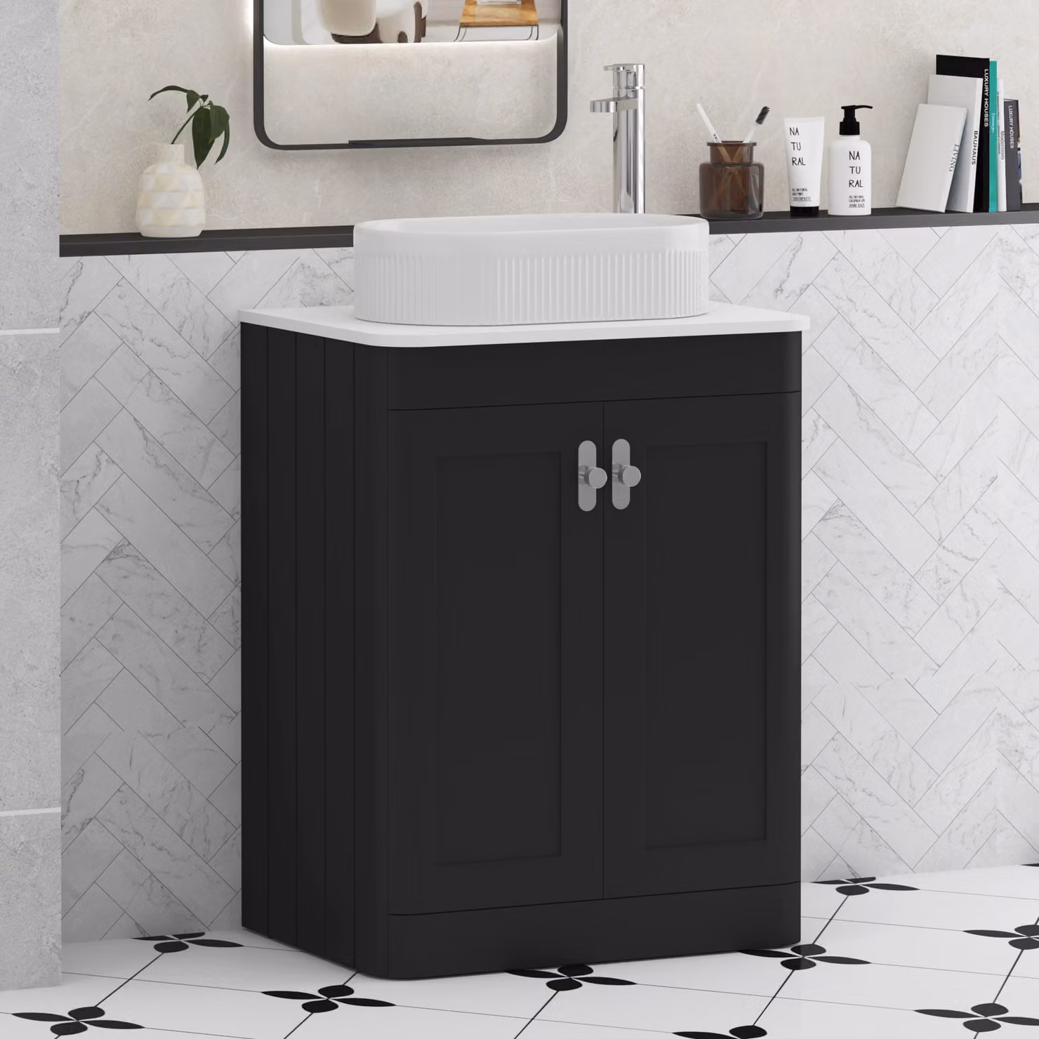 Royal Bathrooms Henley 600mm Floor Standing 2 Door Vanity Unit in Matt Nocturne Black with Plain White Worktop, Lyon Basin and Chrome Knob