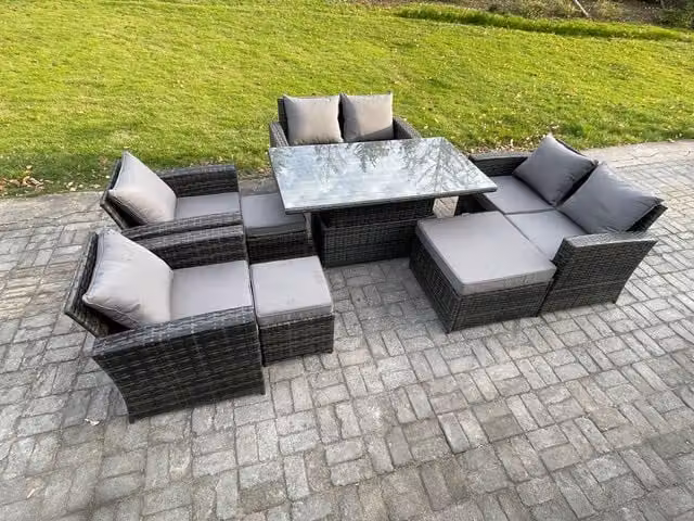 Fimous 8 Piece Outdoor Garden Furniture Set with Wicker Rattan Sofa, Dining Table and 3 Footstools in Dark Grey