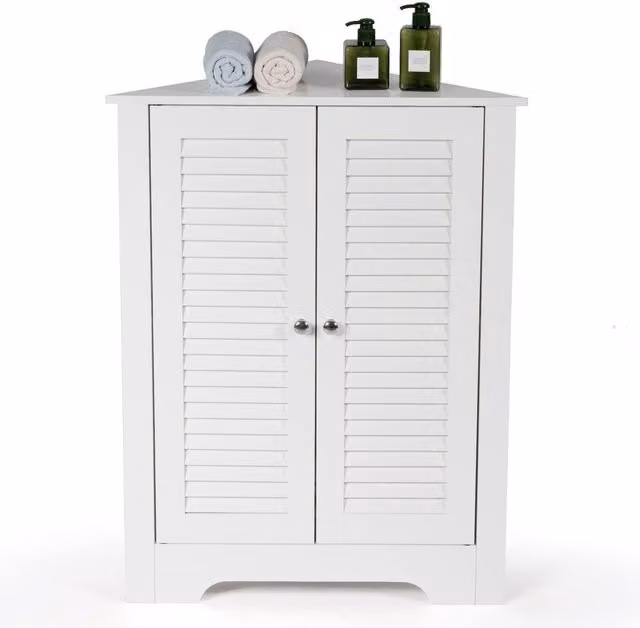 Gymax Freestanding Corner Storage Cabinet with Double Roll Shutter Doors in White
