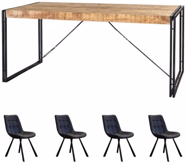 IH Design Industrial Rectangular Wood and Metal Dining Table Set with 4 Chairs in Black and Brown