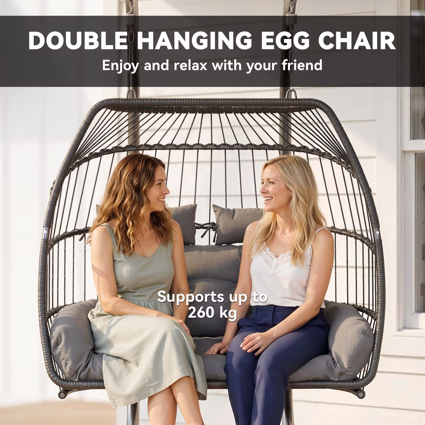Outsunny Dark Grey Rattan Double Hanging Egg Chair with Stand and Cushions – 4
