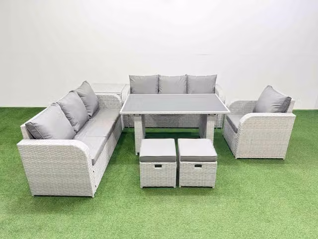 Fimous 9-Seater Patio Furniture Set with Rectangular Table, Sofa, Side Table and 2 Stools in Light Grey