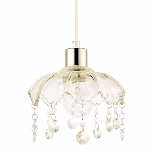 Happy Homewares Shabby Chic Clear Glass Easy Fit Pendant Lamp Shade with Hanging Acrylic Droplets, W/D/H: 20 x 20 x 15 cm – 1
