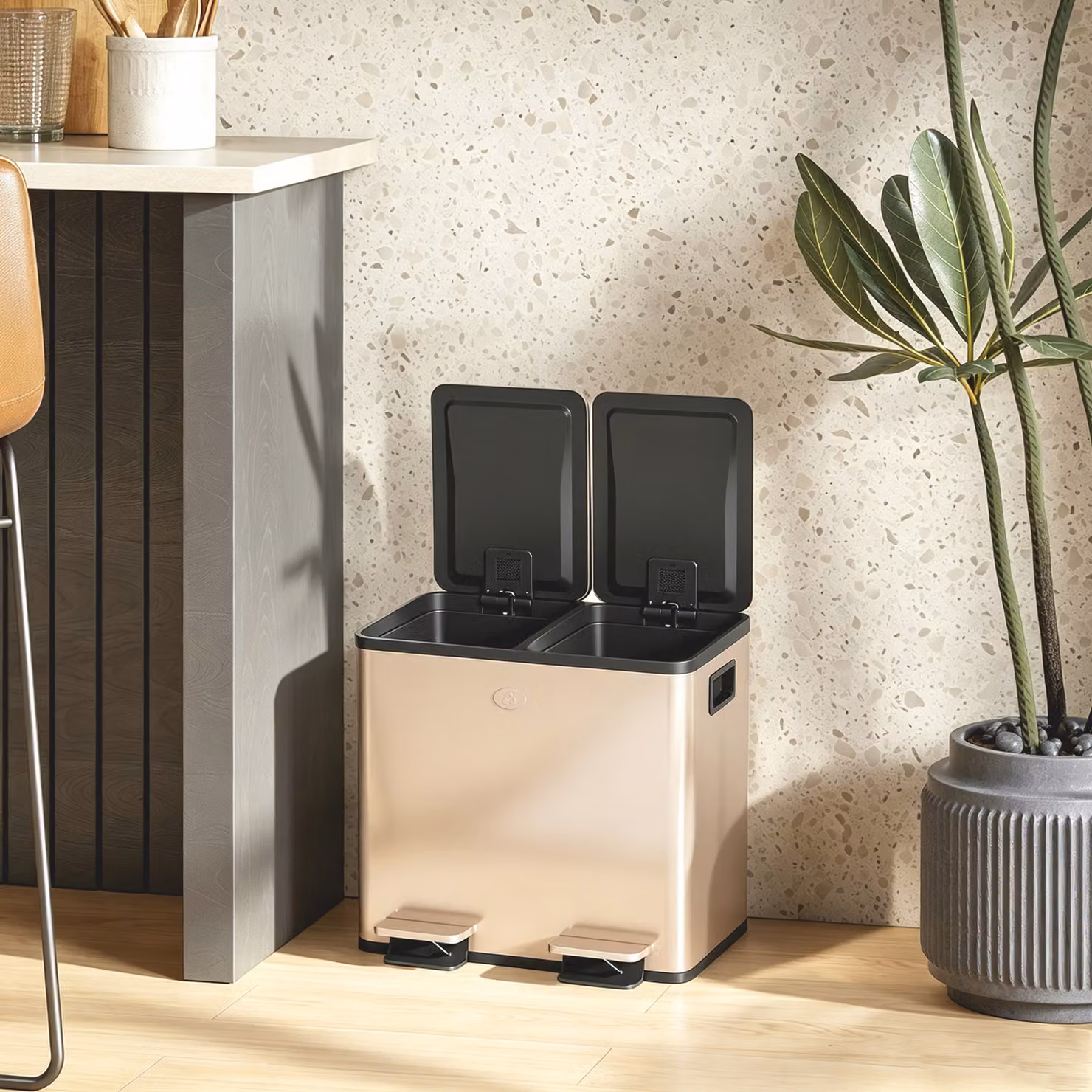 HOMCOM 30L Dual Compartment Stainless Steel Pedal Bin with Deodoriser Holders, Gold Tone – 7