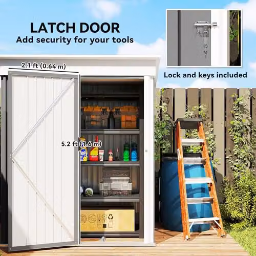 Outsunny Grey Metal Lean-to Garden Storage Shed with Lockable Single Door and Shelving – 6