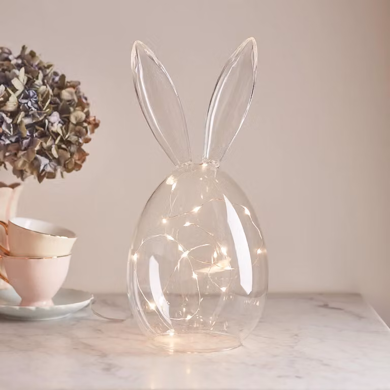 Lights4fun Clear Glass Easter Bunny Display Bell Jar Dome Cloche with 20 Warm White LED Micro Fairy Lights, H 29 cm