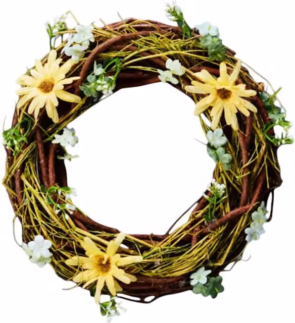 Four Candle Small Spring Daisy Decorative Floral Wreath in Brown, Yellow, White and Green, Diameter: 24 cm