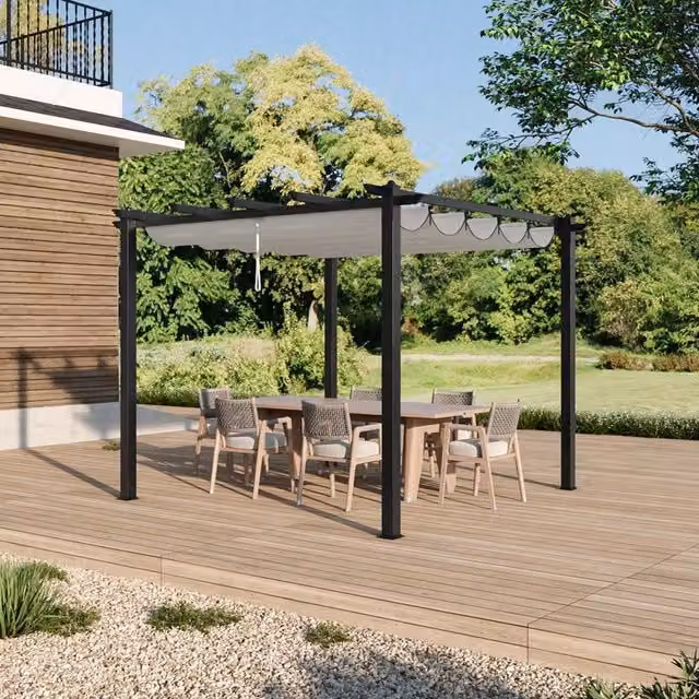 Livingandhome Modern Aluminium Garden Pergola with Retractable Roof, Black and Beige