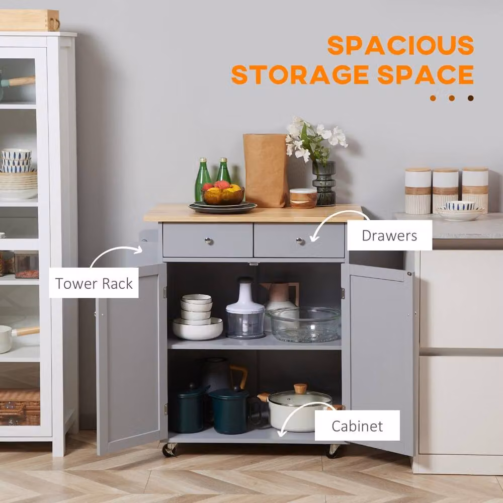 Wyld Haus Grey Rolling Kitchen Island with Rubberwood Top and Drawers, W/D/H: 90 x 52 x 48 cm – 3