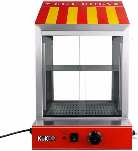 Kukoo Commercial Hot Dog Steamer in Red with Stainless Steel and Glass Construction