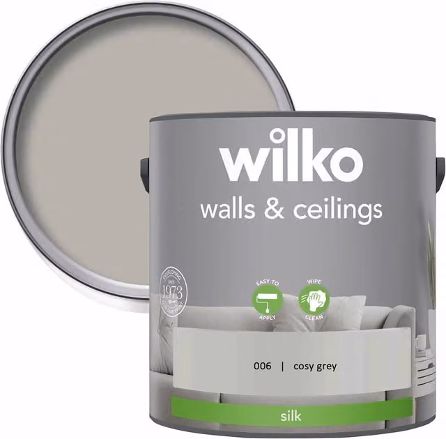 wilko Walls and Ceilings Silk Emulsion Paint, Grey, 2.5 l