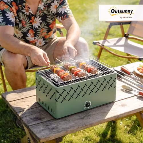 Outsunny Portable Tabletop Charcoal BBQ Grill with Built-in Fan, Green – 2