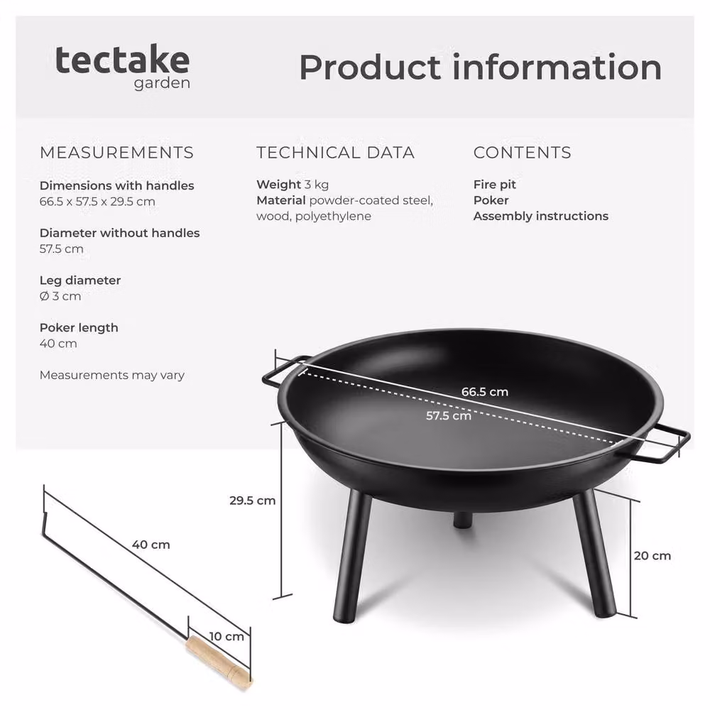 tectake Diablo Fire Pit Bowl in Black, Made of Heat-resistant Steel with Poker, W/D/H: 57.5 x 29.5 x 66.5 cm – 6