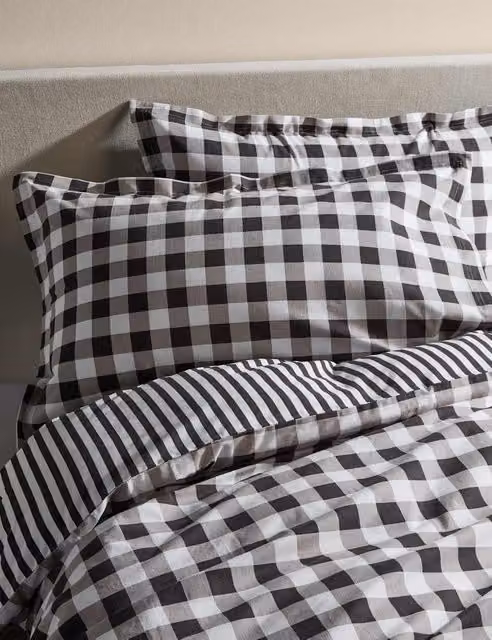 M&S Black Checked Cotton Percale Bedding Set, 200 x 200 cm