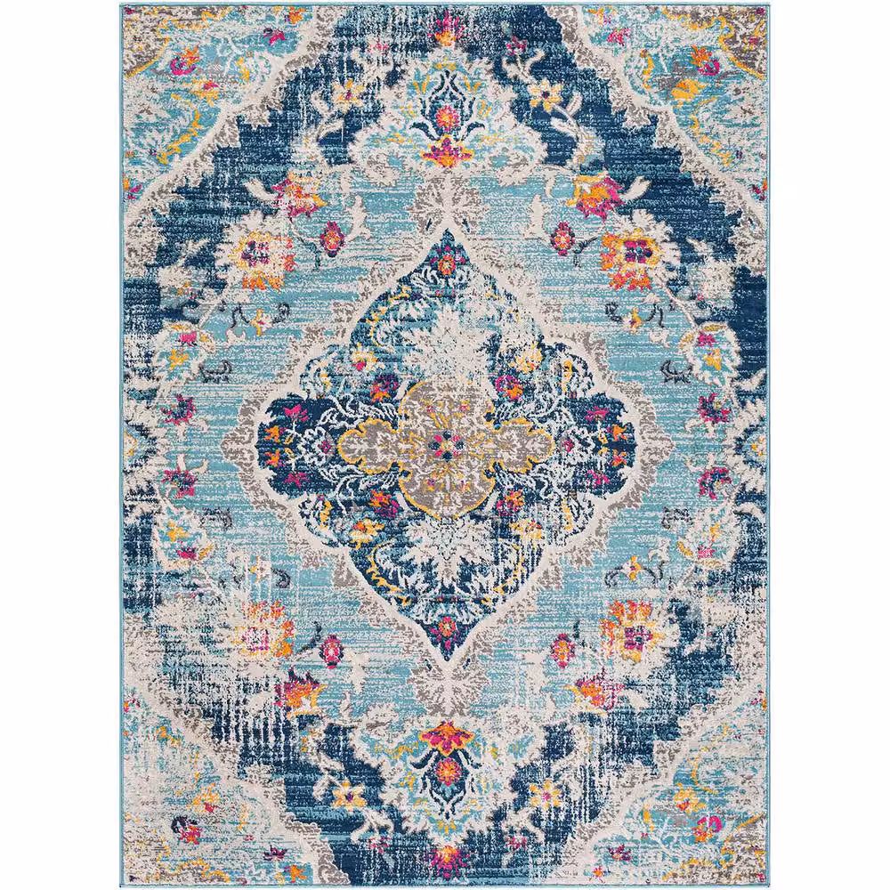 Livabliss Floransa Vintage Round Boho Living and Dining Room Rug in Blue, Beige, Grey and Pink, Diameter: 160 cm – 2