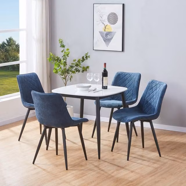 Aspen Gloss White Sintered Stone Square Dining Table and 4 Blue Cord Fabric Chairs Set