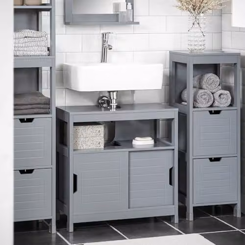 SoBuy Under-sink Bathroom Storage Cabinet with Double Sliding Doors, Grey, W: 60 cm, D: 30 cm, H: 61 cm – 3