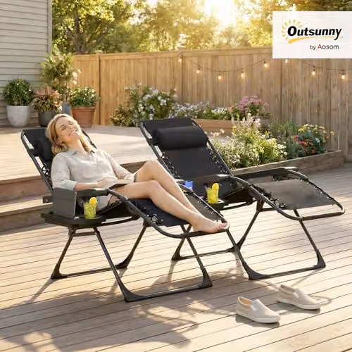 Outsunny Set of 2 Black Zero Gravity Garden Chairs with Adjustable Headrest, Side Tray and Cup Holders – 2