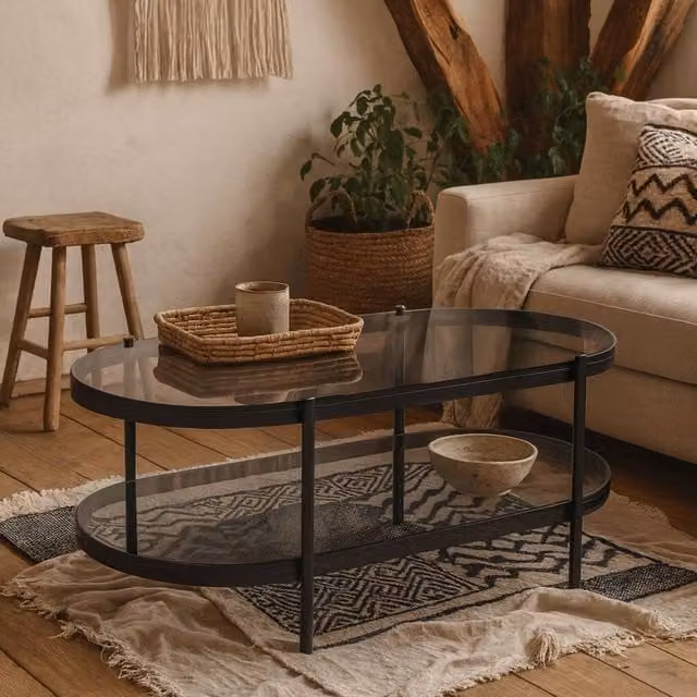 Wyld Haus Featheroak Oval Coffee Table with Grey Smoked Glass and Matt Black Metal Base, W: 126 cm, D: 50 cm, H: 42 cm