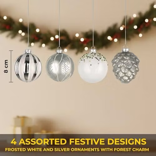 Shatchi 12-Piece Set of Glass Christmas Bauble Hanging Ornaments in Silver and White, Diameter: 8 cm – 4