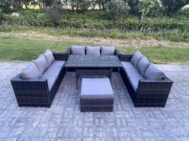 Fimous 10 Seater Outdoor Rattan Lounge Sofa Set with Rectangular Dining Table and Footstool in Dark Grey