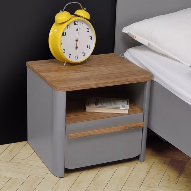 FWStyle Matt Grey and Oak Bedside Table with Deep Drawer – 1