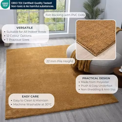 Desire Rugs Plain Gold Washable Non-Slip Living Room Area Rug, W: 160 cm, D: 120 cm – 2