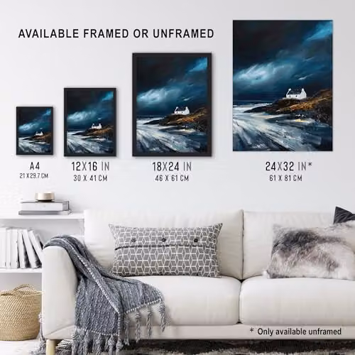 Artery8 Scottish Isle Cottage Stormy Coastal Landscape Oil Painting Framed Wall Art Print, Blue, W: 21.0 cm, H: 29.7 cm – 3