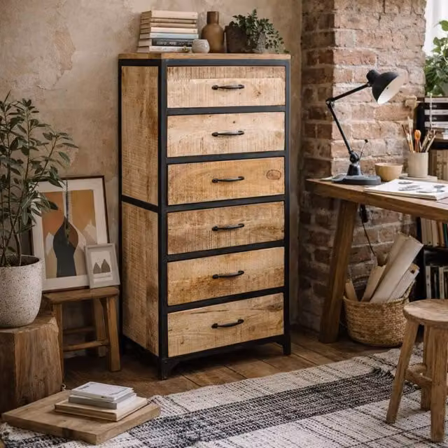 Wyld Haus Toivakka Industrial 6 Drawer Chest in Brown Reclaimed Wood and Metal W/D/H: 120 x 40 x 60 cm – 1