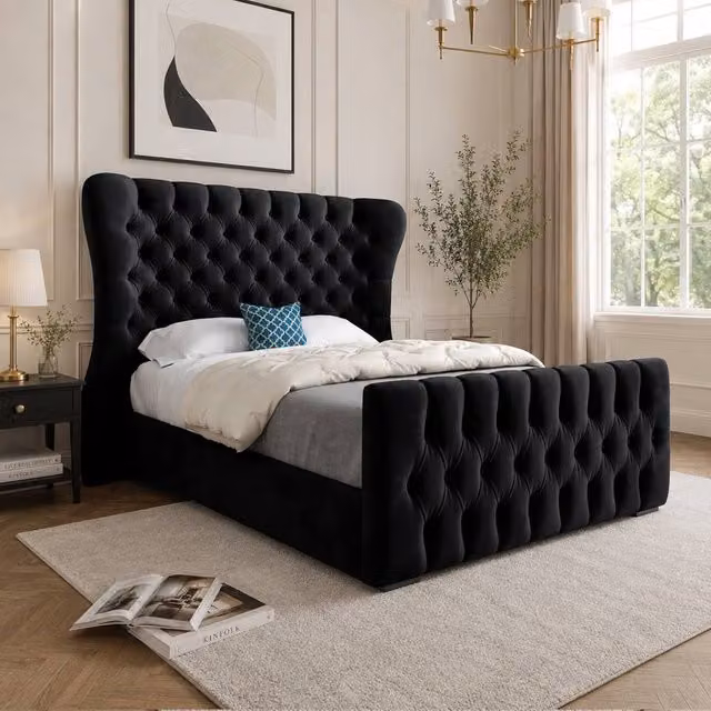 Casani Reedham Wide Curved Winged Black Soft Velvet Upholstered Designer Bed Frame W/D/H: 137 x 120 x 83 cm