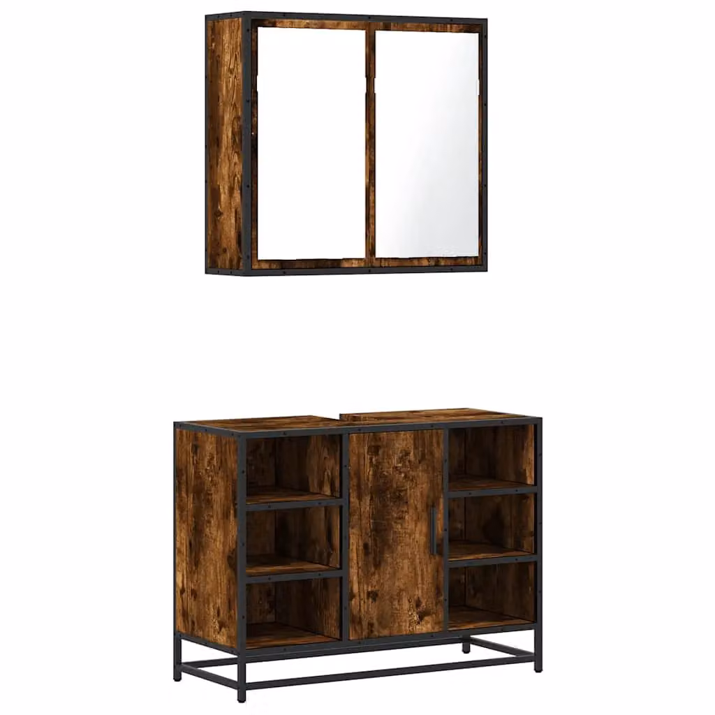 Berkfield Home 2 Piece Industrial Bathroom Furniture Set in Smoked Oak Brown featuring a Vanity Unit and Mirror Cabinet – 2