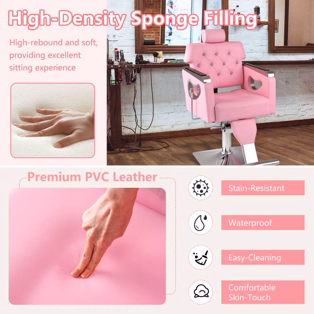 Costway Adjustable Swivel Barber Styling Salon Chair in Pink with Armrests – 4