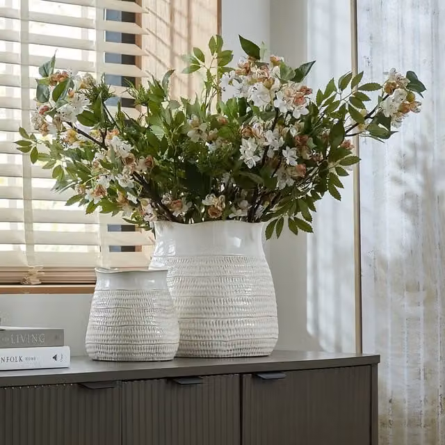 KDMK Tava Wide Hewn Ceramic Vase in White with Rustic Textured Finish