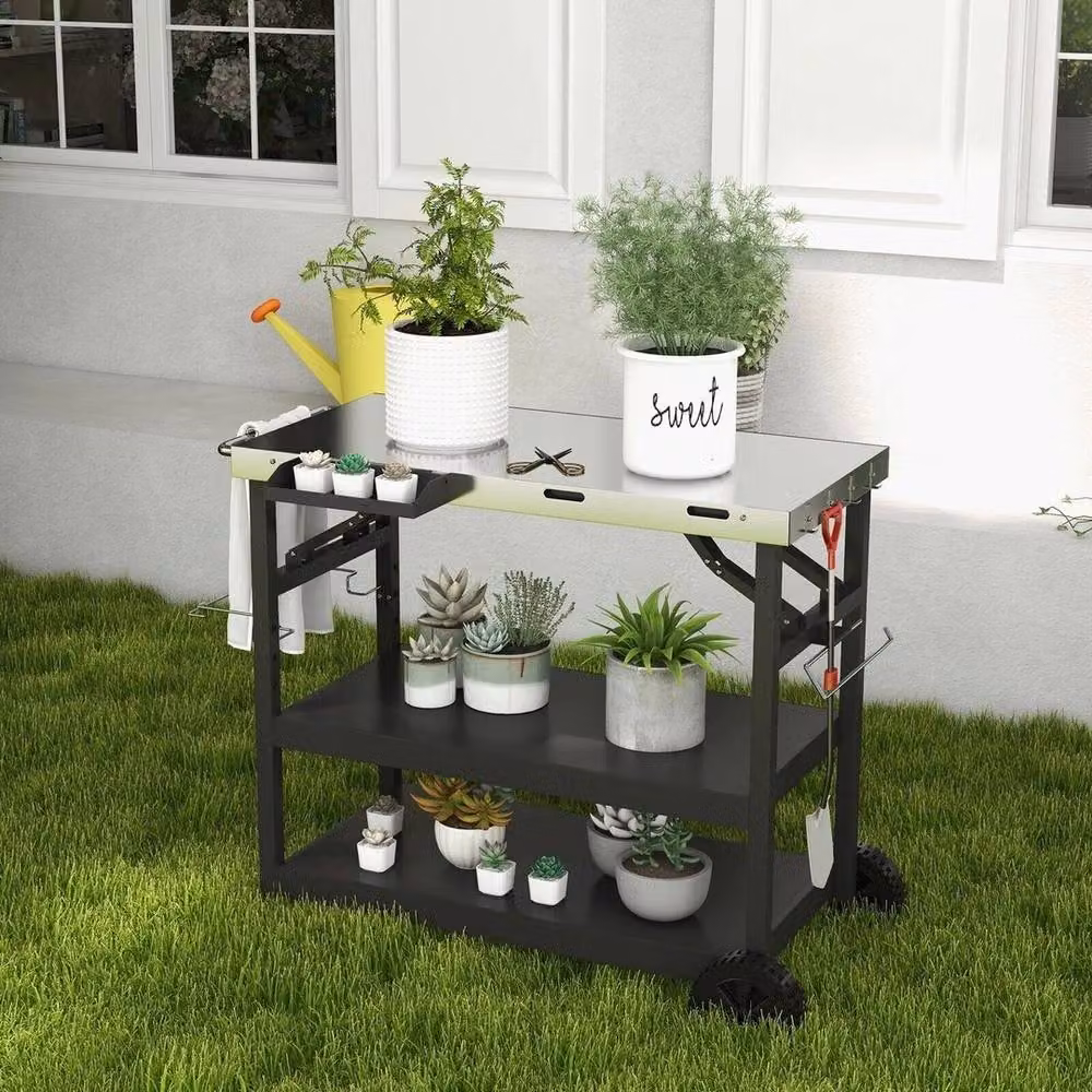 EONLION 3 Tier Folding BBQ Serving Trolley in Black – 4